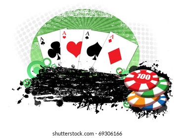 grunge background with four aces playing cards and chips,vector illustration