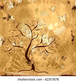 Grunge background with a gold tree with butterflies
