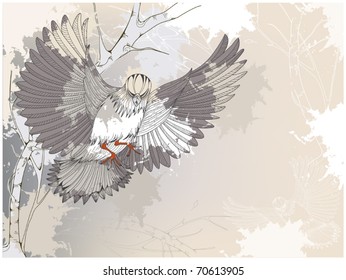 grunge background with a gray flying bird