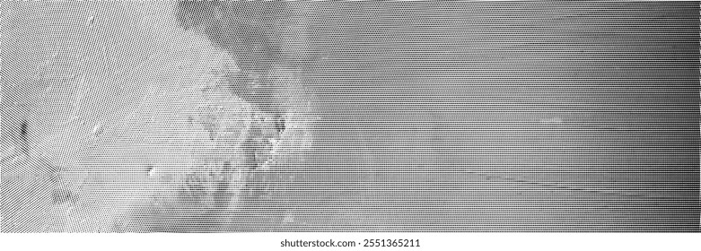 Grunge background with halftone effect. Monochrome print of a dirty wall, splashes and scratches. Vector illustration on white isolated background.