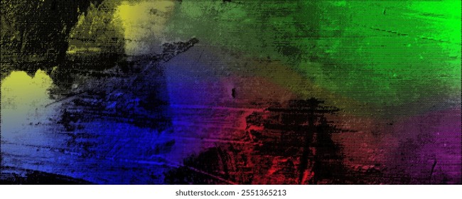 Fundo Grunge com efeito de meio-tom. Impressão multicolorida com pontos brilhantes de tinta em uma parede suja, respingos e arranhões.