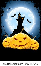 Grunge Background for Halloween Party with Pumpkins and Bats