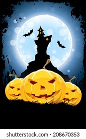 Grunge Background for Halloween Party with Pumpkins and Bats