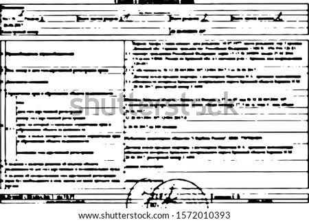 Grunge background imitating the unreadable text of a document with a seal. Overlay template. Vector illustration