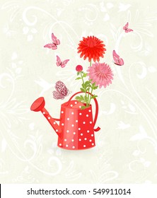 grunge background with lovely chrysanthemums in a vintage red can watering for your design