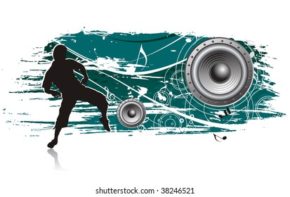 grunge background with a man enjoy music in wave line background