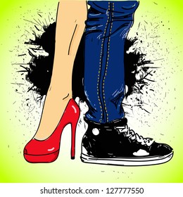 Grunge background with men's jeans, sneakers and women's  shoe