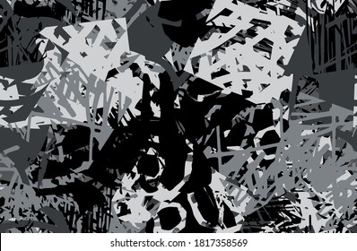 Grunge background is monochrome. Seamless abstract texture. Template for printing on fabric, wallpaper. Chaotic repeating pattern