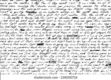 Grunge background of old handwriting. Shabby and illegible manuscript draft with crossed out words. Vintage half-erased hand-written letter. Overlay template. Vector illustration