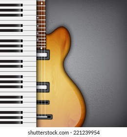 Grunge background with piano keys and electric guitar. Music background. EPS10 vector