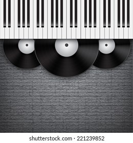 Grunge background with piano keys and vinyl record. Music background. EPS10 vector