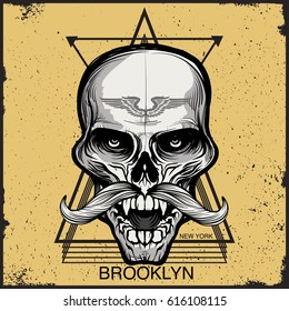 Grunge background print design of skull with triangles / Grunge style / Hipster skull with mustache