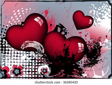 grunge background with red hearts