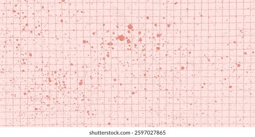 Grunge background with red paint splatters. Noisy halftone texture overlays, pink checkered paper sheet. Ink stains and drips design.