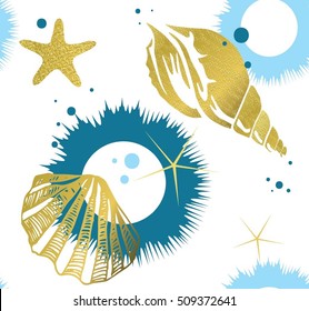Grunge background with seashells and starfishes seamless pattern.