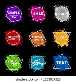 Grunge background set. Vector splatter labels with space for text. Vector frame for text. Element for design  flyers, business cards, gift cards, brochures, invitations and more. Grunge splash set