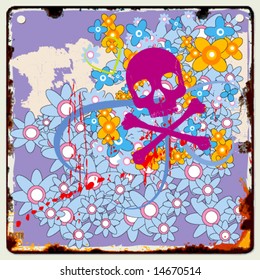 Grunge background with skull and flowers