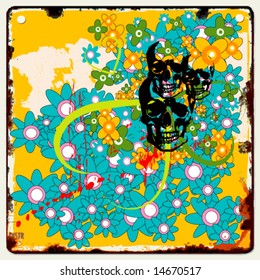 Grunge background with skull and flowers