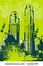 Grunge el fondo con una silueta de rascacielos, serie de ilustraciones vectoriales.