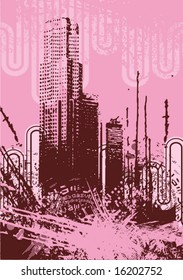 Grunge el fondo con una silueta de rascacielos, serie de ilustraciones vectoriales.