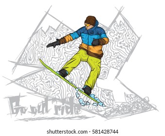 grunge background snowboard jump vector with some text