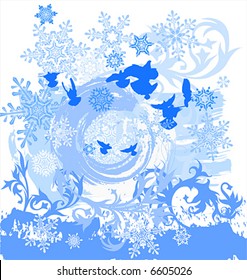 grunge background, snowflakes, flowers & birds
