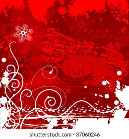 Grunge background with snowflakes in red colour. Vector illustration