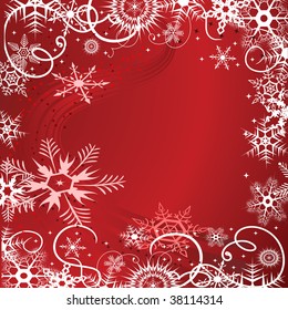 Grunge background with snowflakes in red colour. Vector illustration