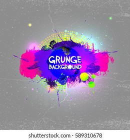 Grunge background with splashes and halftone elements. Vector illustration. Isolated on gray background. Freehand drawing.