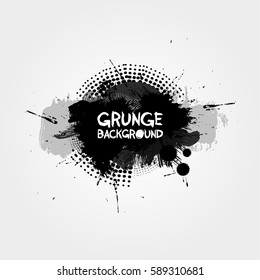 Grunge background with splashes and halftone elements. Vector illustration. Isolated on white background. Freehand drawing.