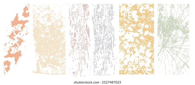 Grunge background with stains and scratches. Set shape design element with shabby. Distressed dirty text frame, border, sticker or label. Paintbrush, ink stains. Vector illustration.