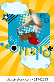 Grunge Background with Text-Box and Gramophone
