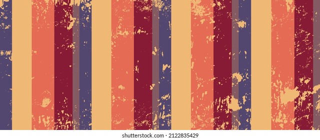 Grunge background texture on retro striped pattern, old vintage paper or wallpaper vector design in blue burgundy coral beige and pink color palette