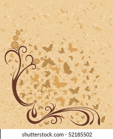 Grunge background with tropical butterflies. Beautiful abstract vector illustration.