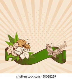 grunge background with tropical butterflies and flowers