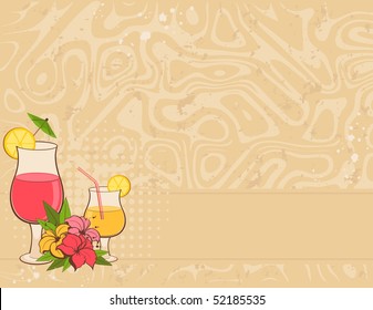 grunge background with tropical flowers and cocktail