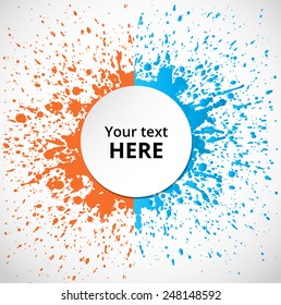Grunge background with two-color splash and place for your text. Abstract Vector illustration with orange and blue stains.