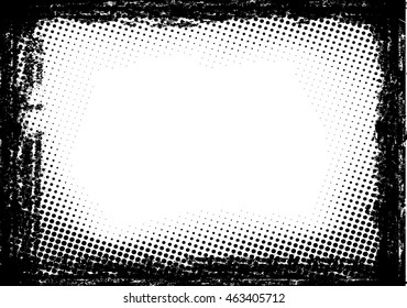 Grunge Background. Vector Frame with halftone dots . Black rectangle for image border. Overlay Texture Effect .