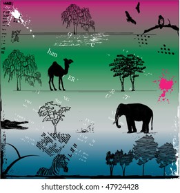 grunge background vector silhouettes of trees and wild animals