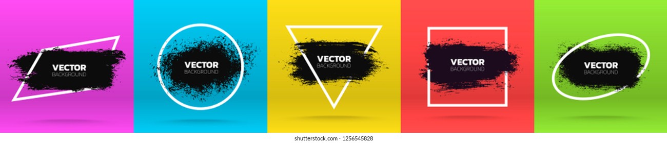 Grunge backgrounds set. Brush black paint ink stroke over various frame. Vector illustration