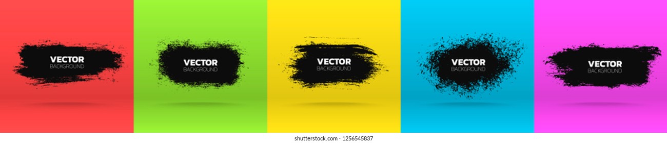 Grunge backgrounds set. Brush black paint ink stroke various banners. Vector illustration