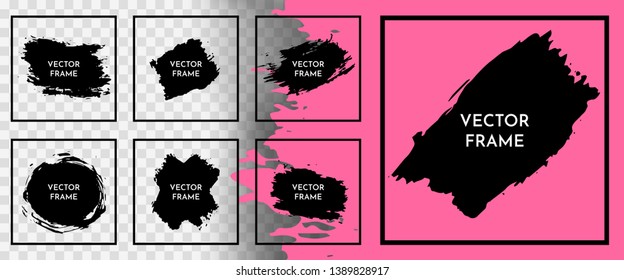 Grunge backgrounds set. Brush black paint ink stroke over square frame. Vector illustration