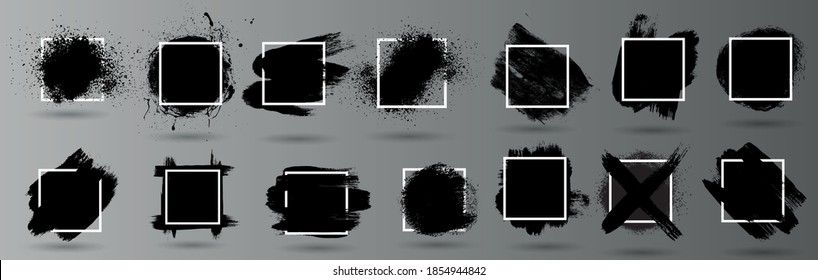 Grunge backgrounds set. Brush black paint ink stroke over square frame. Vector illustration
