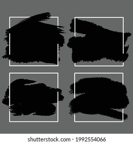 Grunge backgrounds set. Brush black paint ink stroke over square frame. Vector illustration