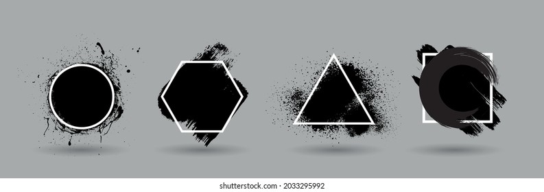 Montaje de fondo. Pincel de tinta negra sobre marco geométrico. Ilustración del vector
