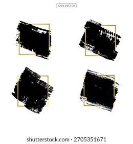 Grunge backgrounds set. Brush black paint ink stroke over square gold frame. Vector illustration template