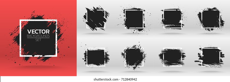 Grunge backgrounds set. Brush black paint ink stroke over square frame. Vector illustration