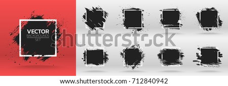 Grunge backgrounds set. Brush black paint ink stroke over square frame. Vector illustration