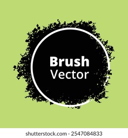 Grunge badge brush, ink brush strokes, box, dirt artistic elements. Brushes black paint ink stroke frame with round white lines. Vector black paint brush. Green background brush texture border