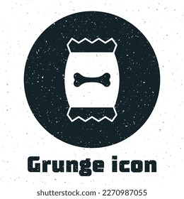 Grunge Bag of food for pet icon isolated on white background. Food for animals. Dog bone sign. Pet food package. Monochrome vintage drawing. Vector